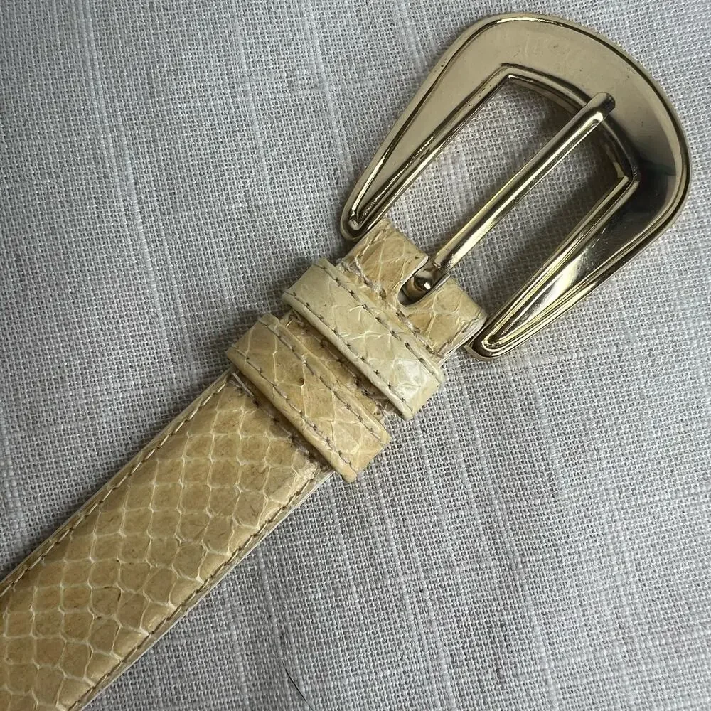 Vintage 80s Beige Snakeskin Leather Belt Size Medium Gold Buckle Classic